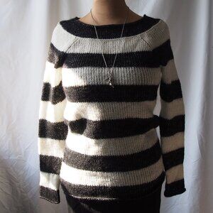 ANN TAYLOR Boatneck Wide Stripe Sweater Black/Cream w/Metallic Threads Size S